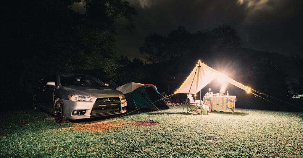車のそばでキャンプする犬連れ家族の風景