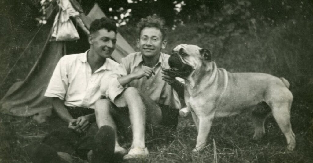 キャンプを楽しんで満足そうな表情をする犬とその飼い主の笑顔