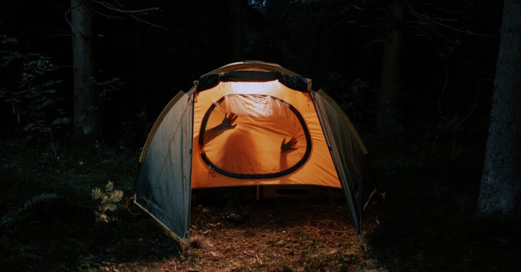 自然の中でテントと一緒に過ごす犬と飼い主の様子