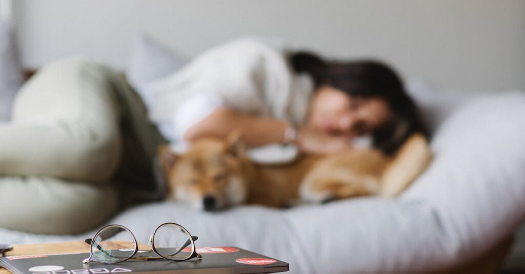 飼い主と犬が静かなキャンプ場で心地よく過ごす様子、マナーを守って共に楽しむ姿