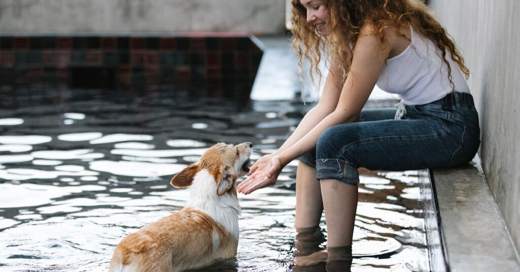 飼い主と犬が静かなキャンプ場で心地よく過ごす様子、マナーを守って共に楽しむ姿