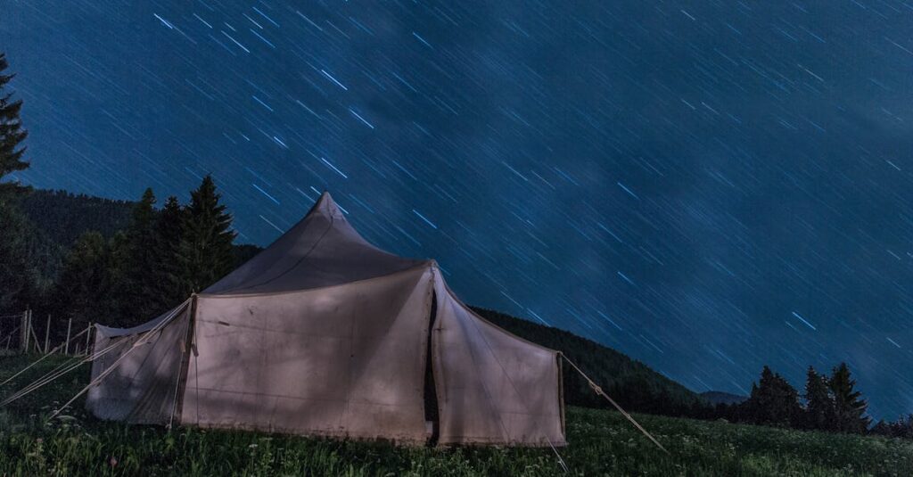 星空の下で焚き火を囲みながら過ごす秋キャンプの幻想的な様子を写した写真